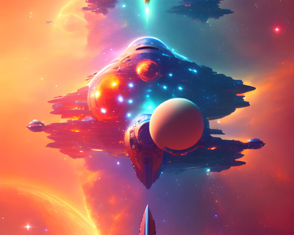 Colorful sci-fi scene: Spaceships flying towards planet in vibrant nebulous sky