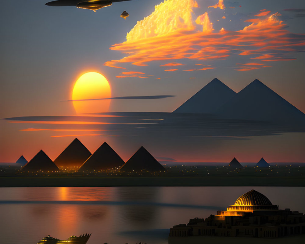Futuristic sunset scene with pyramids, advanced architecture, and UFOs.