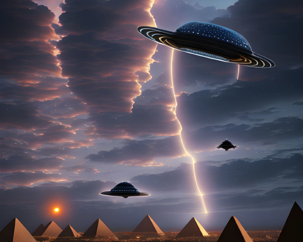 Night Scene: UFOs over Egyptian Pyramids in Dramatic Sky