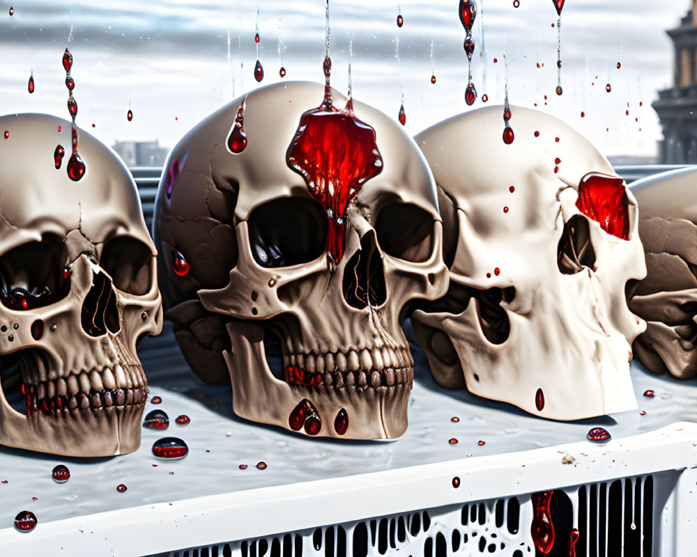 Five skulls with red liquid dripping, suspended on blurred background