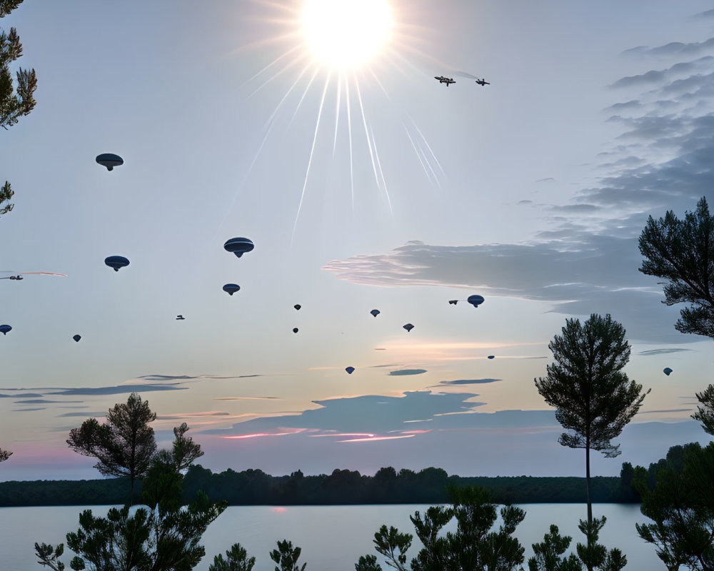 Tranquil lake scene: sunset sky, parachutes, pine trees, jets