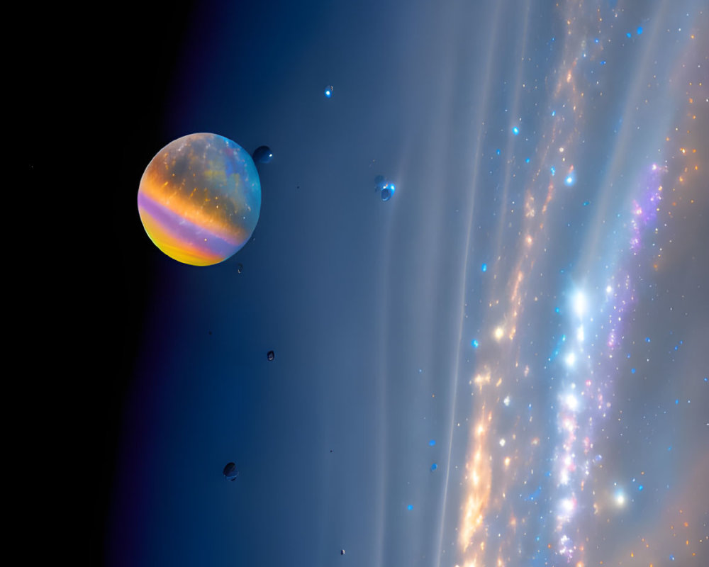 Vibrant planet surrounded by cosmic dust and star clusters in space