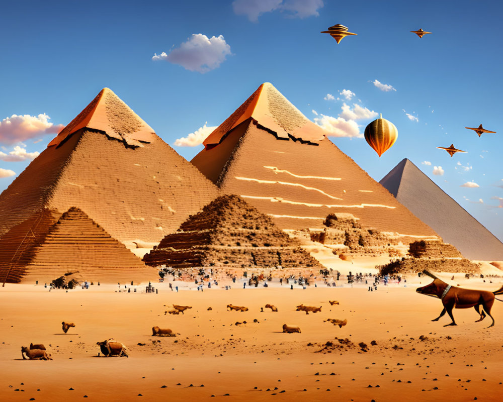 Ancient Pyramids of Giza with hot air balloons, tourists, and camel on sunny day