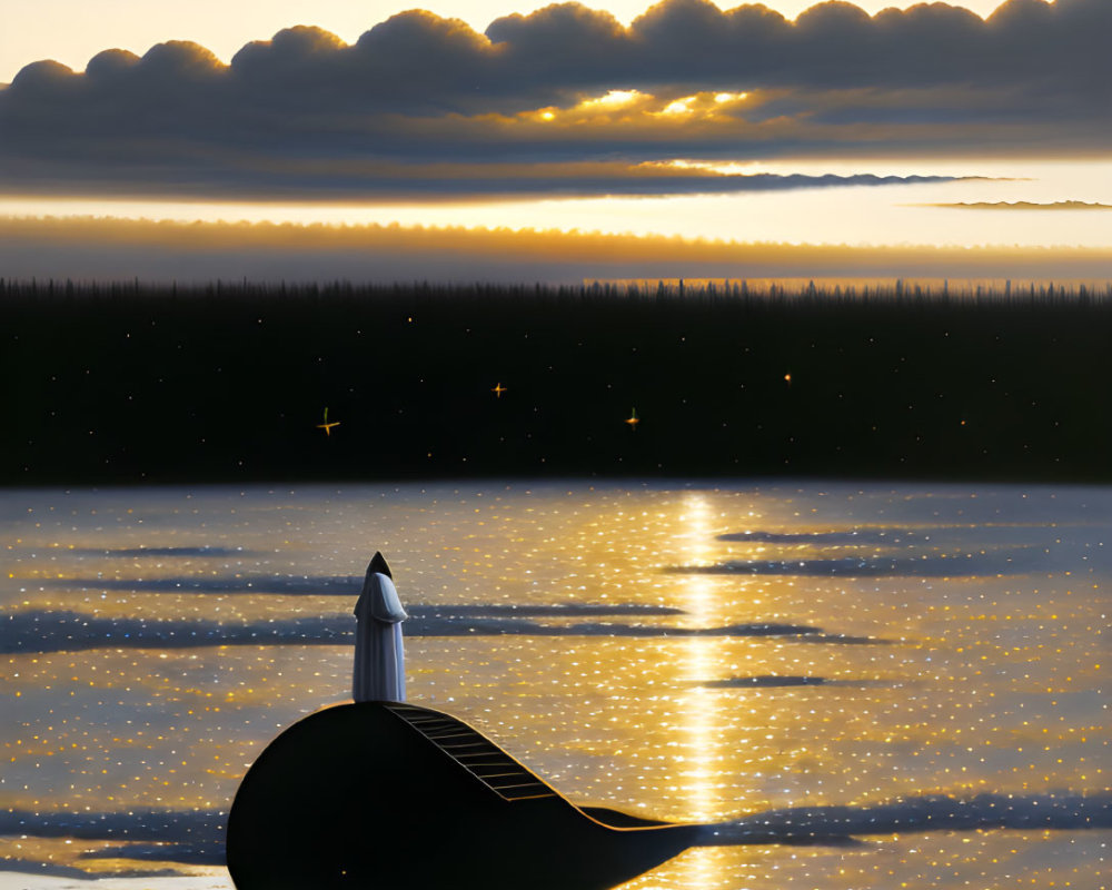 Space shuttle on calm water under starry sky with moon and sunset clouds