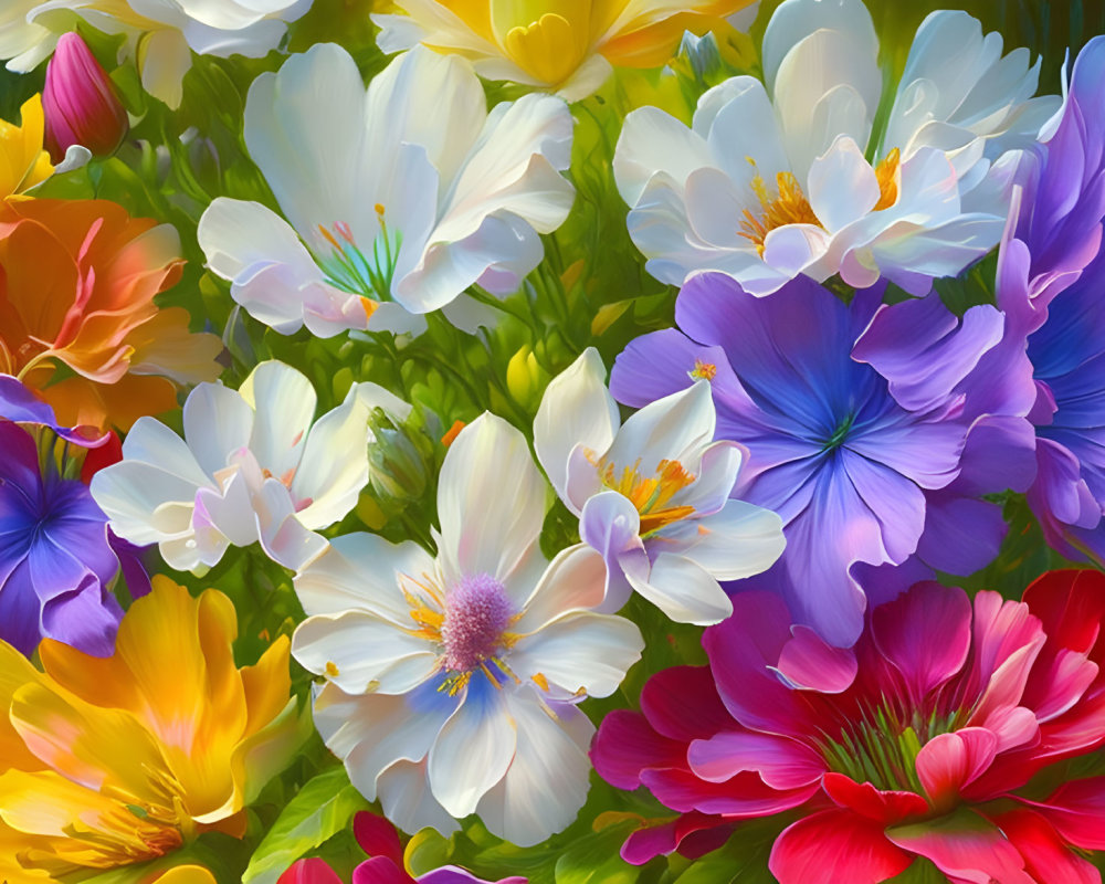 Assorted vibrant flowers in crimson, yellow, white, purple, and green.