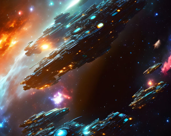 Futuristic spaceships in vibrant cosmic scene