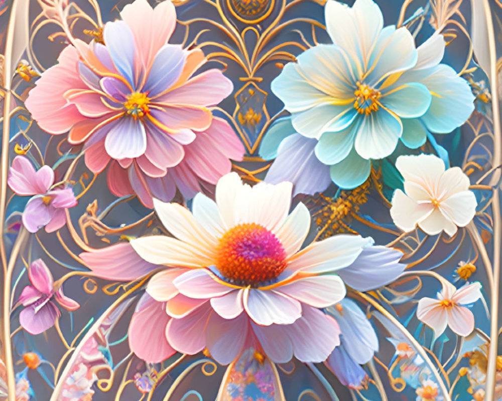 Colorful Floral and Golden Pattern on Blue Background