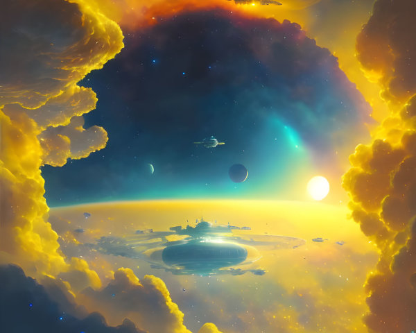 Golden Clouds, Celestial Bodies, Spaceships in Nebula Sky