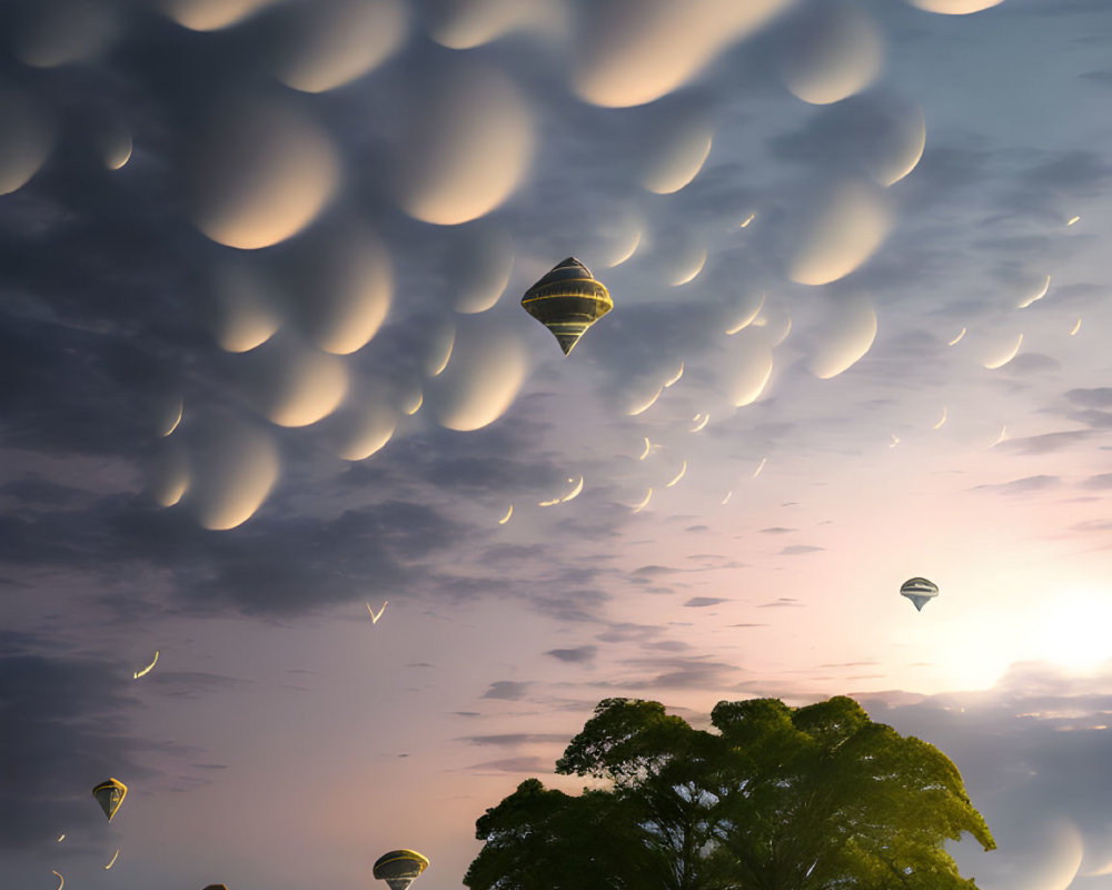 Hot air balloons above ancient pyramid & tree under mammatus clouds at sunset