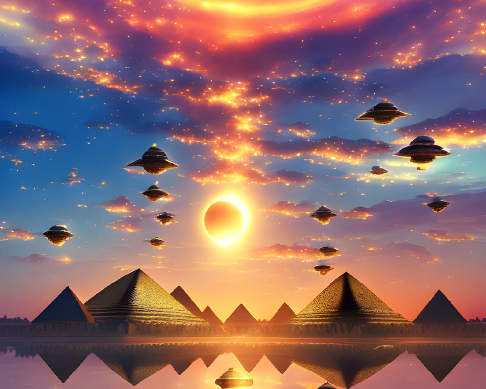 Vibrant surreal sunset over Egyptian pyramids with alien spacecrafts in formation