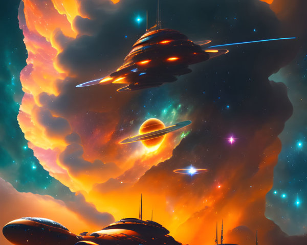 Colorful flying saucers in orange and blue nebula clouds.