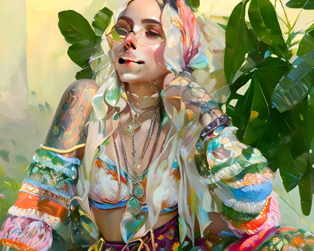 Woman with tattoos and colorful outfit posing among green foliage
