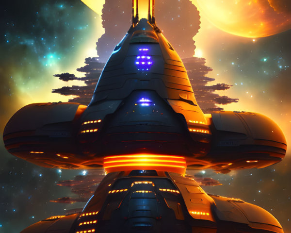 Futuristic spaceship in deep space with giant planets and moons.