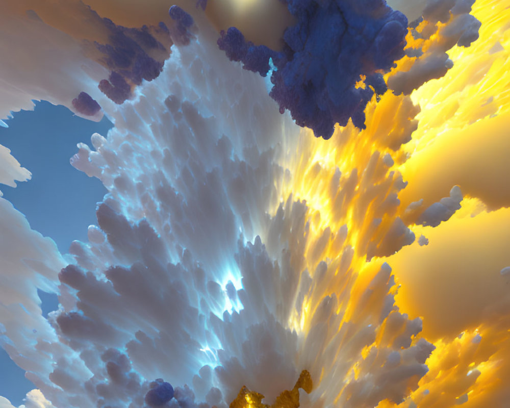 Vibrant digital artwork: surreal sky view with gold and blue tones