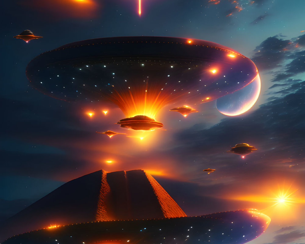 Digital art concept: UFOs over Egyptian pyramids at dusk