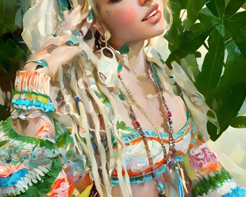 Digital painting of woman with braided hair in bohemian attire among green leaves