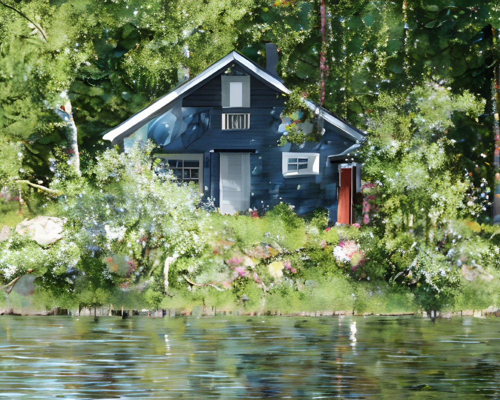 Blue cabin with red door near lake and trees, vibrant flowers.