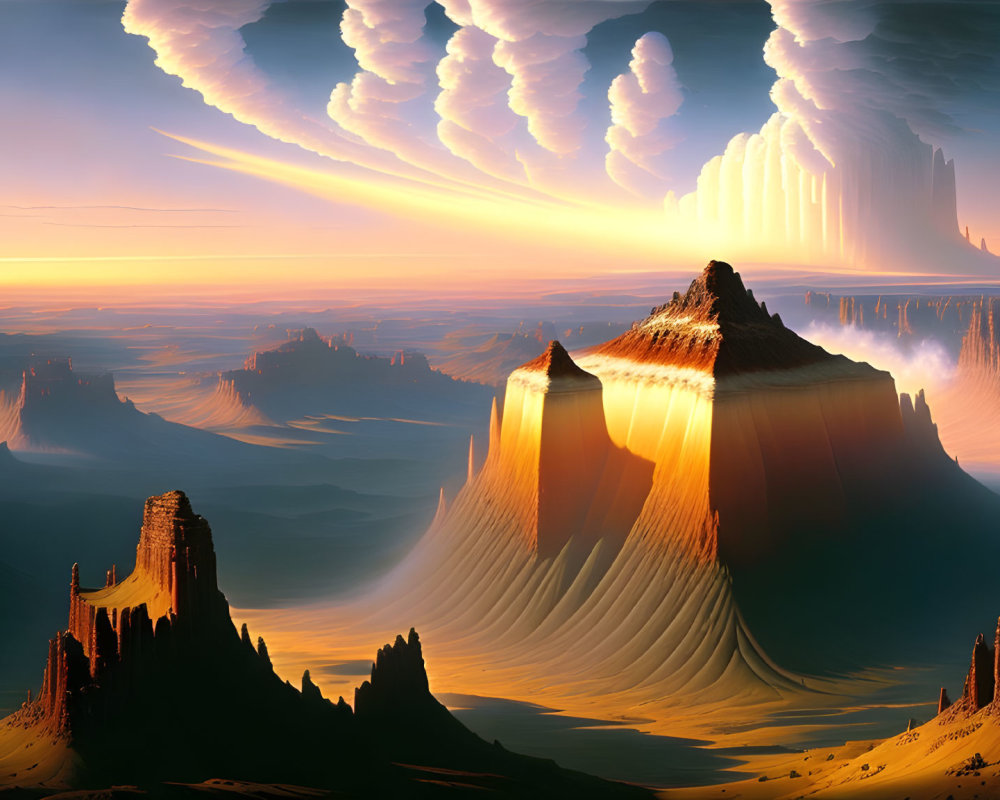 Surreal landscape with sandstone pillars, sandfalls, and dramatic sky