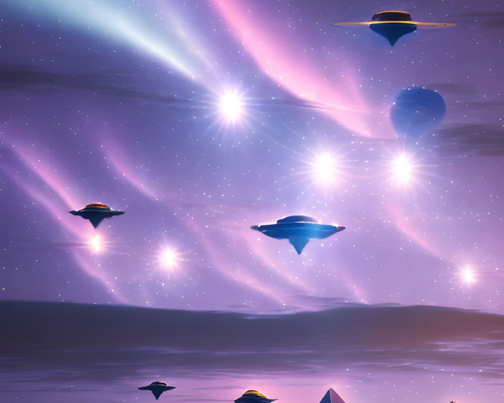 Night sky with stars, auroras, pyramids, and flying saucers