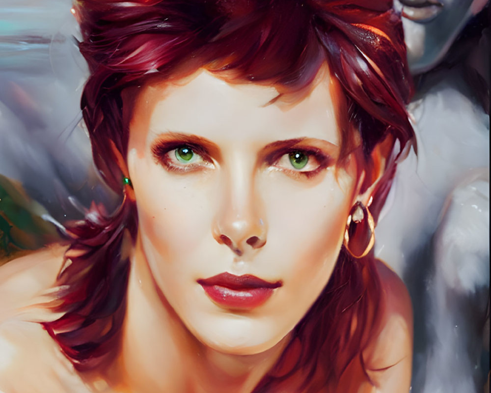 Illustration of person with green eyes, red hair, bare shoulders, and faint background figure