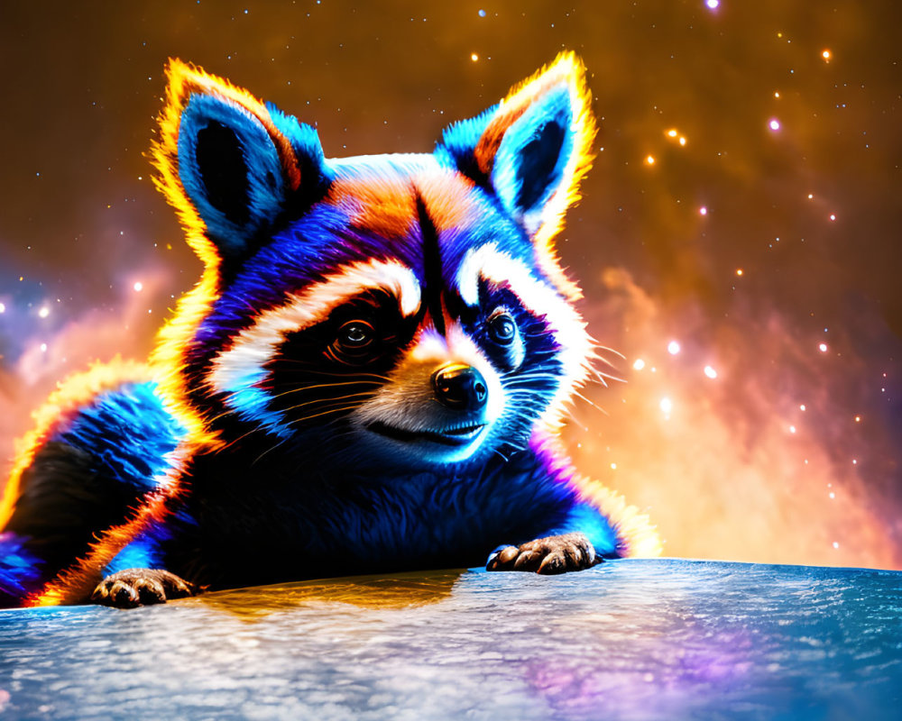 Colorful Raccoon with Neon Blue and Orange Fur in Cosmic Setting