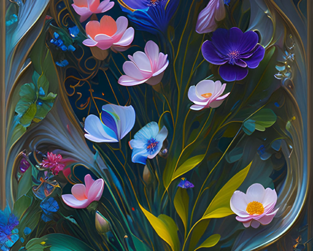 Vibrant stylized flowers on dark starry backdrop with golden scrollwork