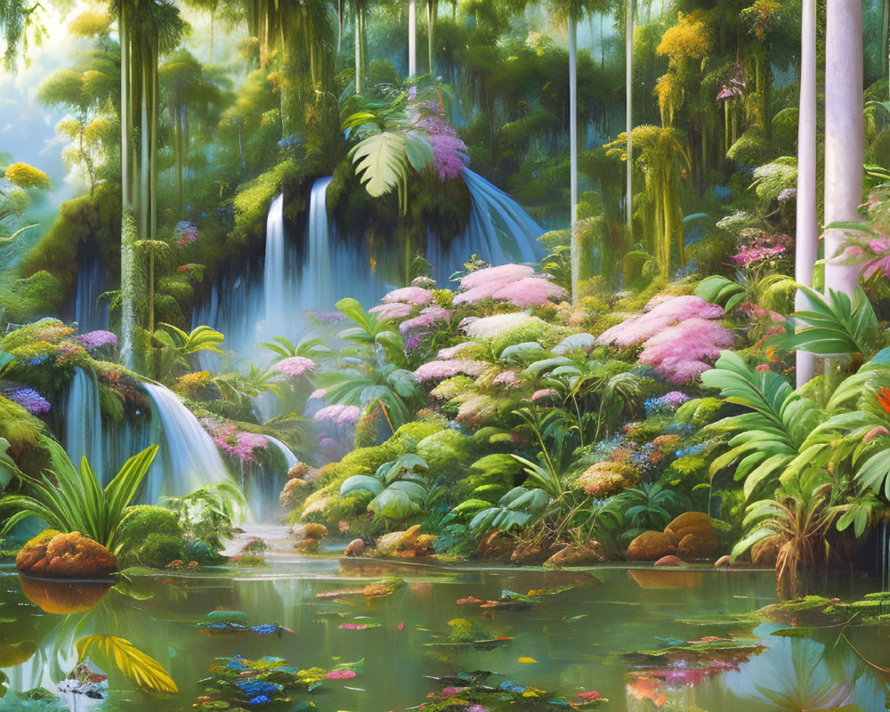 Vibrant fantasy forest with waterfalls and serene pond