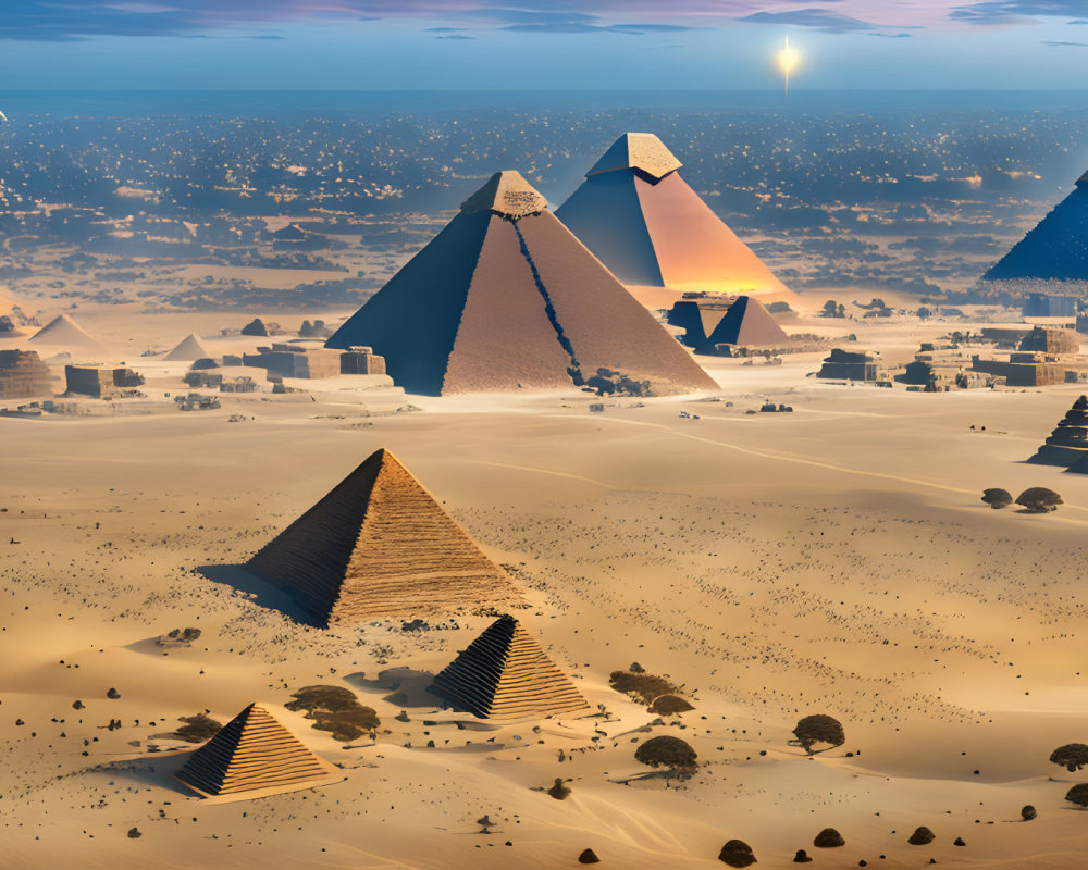 Panoramic view of Giza pyramids at sunset