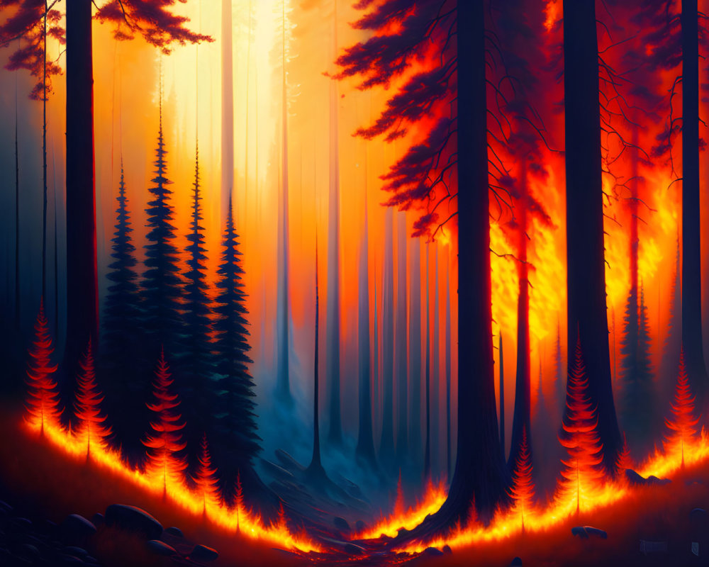 Intense forest fire scene with blazing flames and smoke