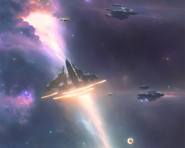 Vibrant cosmic background with spacecrafts, stars, planets, and astral phenomena