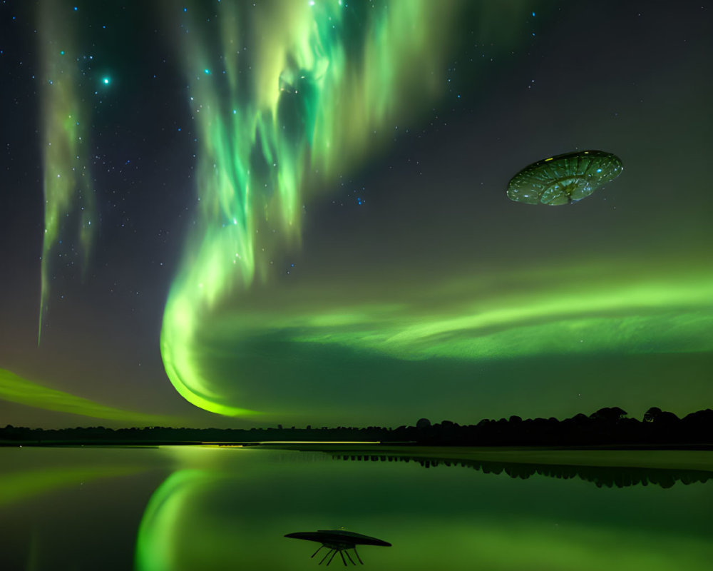 Majestic Aurora Borealis Over Serene Lake With Flying Saucer