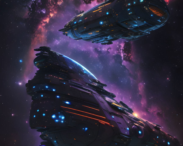Futuristic spacecrafts in starry nebula with planet and stars