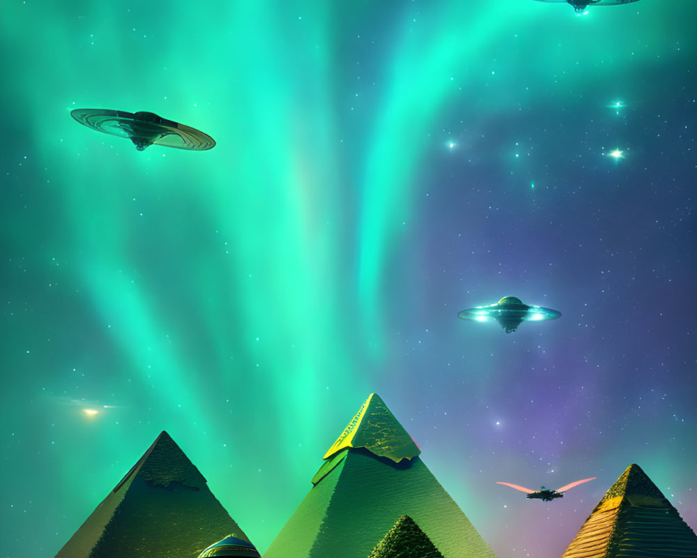 Great Pyramids of Egypt under starry sky with green aurora and UFOs