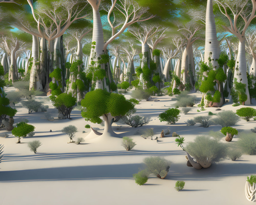 Sunny Forest with White-Barked Trees and Greenery