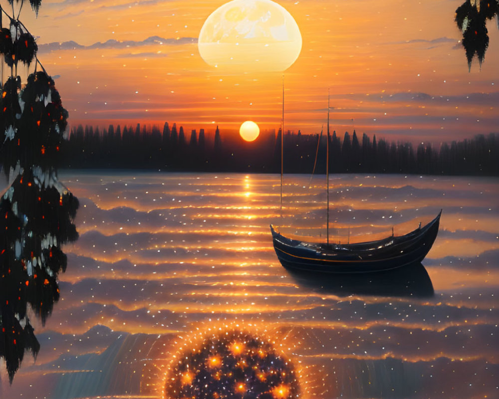 Boat on Shimmering Lake at Sunset with Mandala and Stars