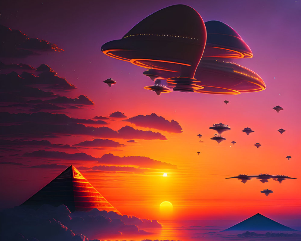 Digital Art: UFOs over Pyramids in Sunset Sky