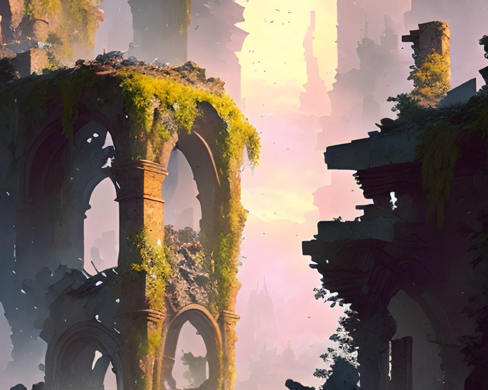 Ancient overgrown city ruins with arches and sunrays in foggy light