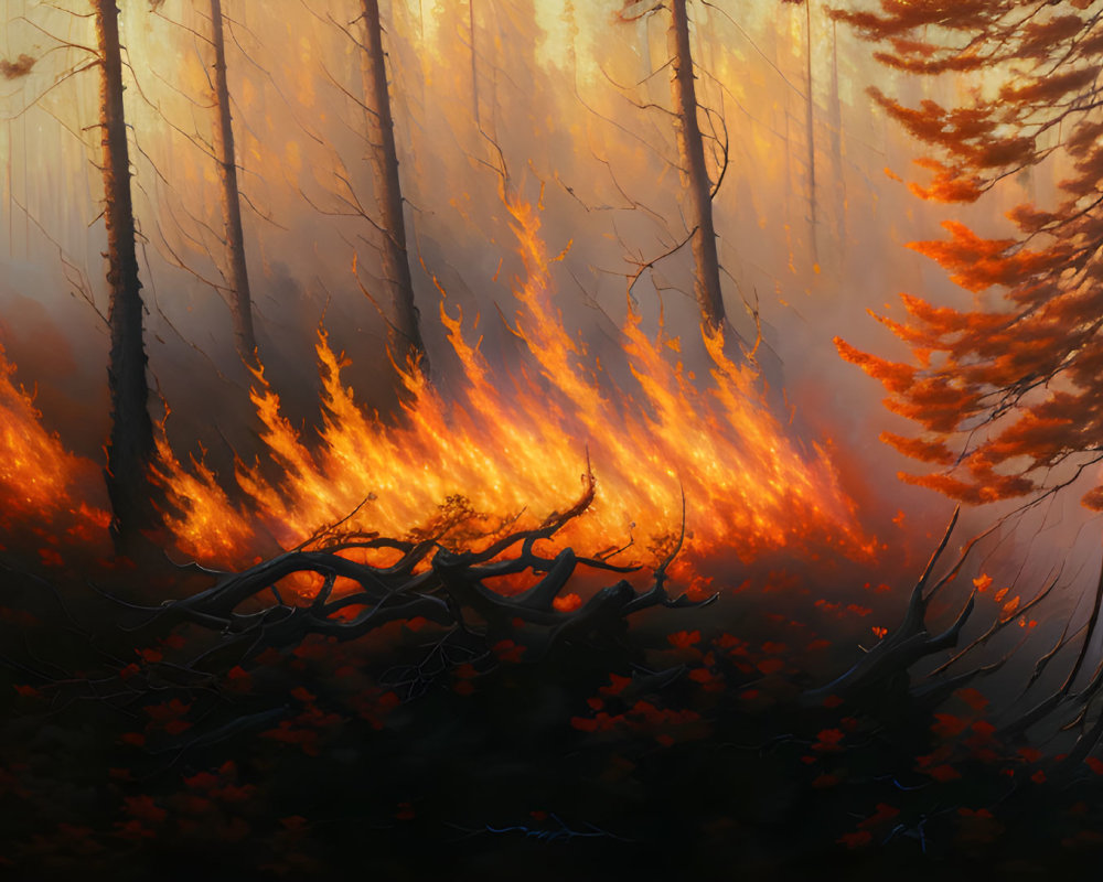 Wildfire engulfs forest with orange flames and smoke-filled sky