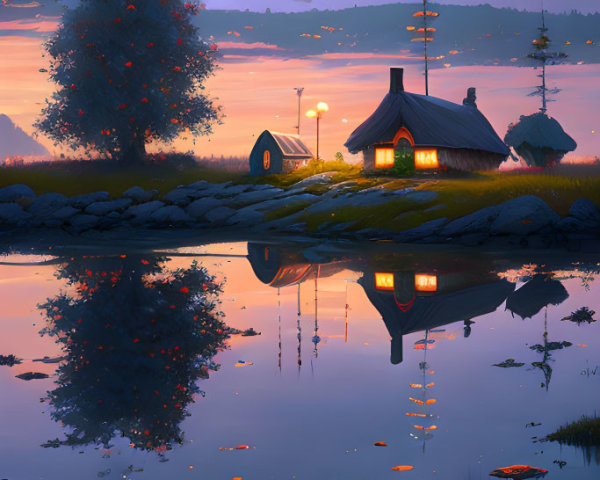 Tranquil lakeside cottage at twilight with purple sky