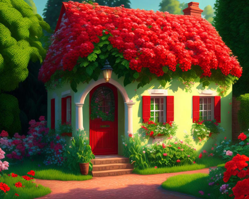 Green Cottage with Red Roof Surrounded by Flower-Filled Gardens