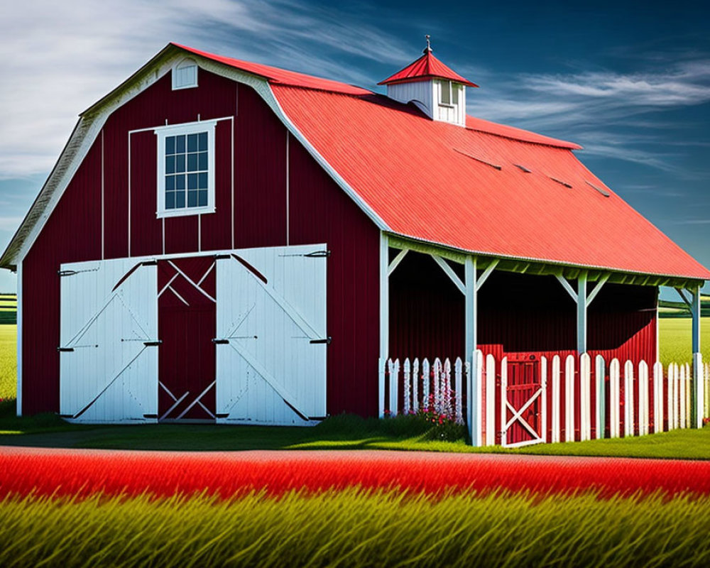Red barn with white trim, cupola, picket fence, green fields, blue sky