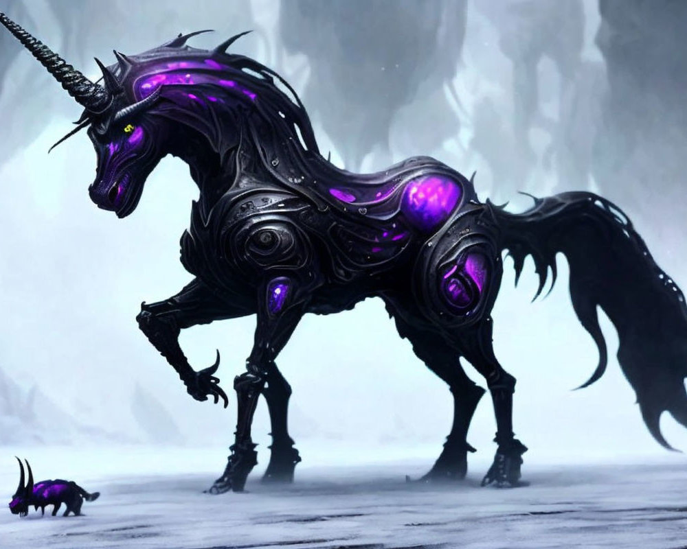 Digital artwork: Majestic mechanical unicorn with purple glowing accents in snowy landscape with small rodent