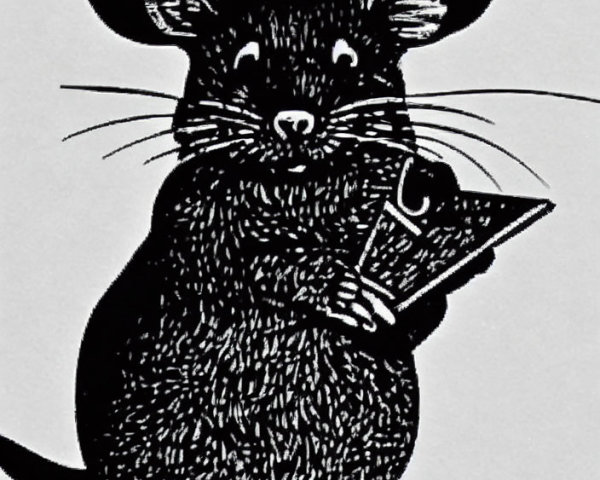 Monochrome illustration of mouse with cheese, detailed ears & whiskers