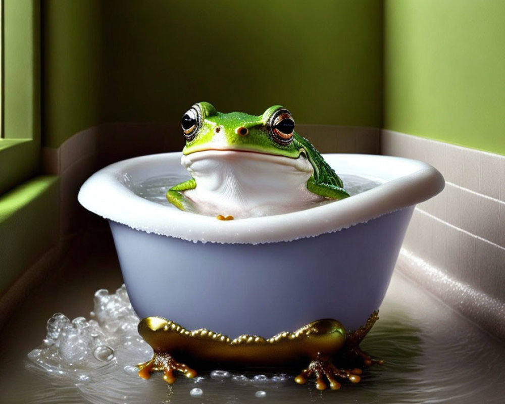 Green Frog Relaxing in Miniature Bathtub with Bubbles and Sunlit Window