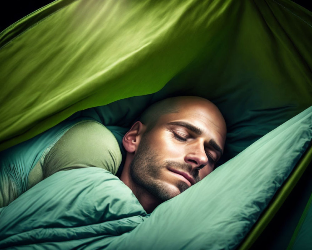 Man peacefully resting in cozy green sleeping bag