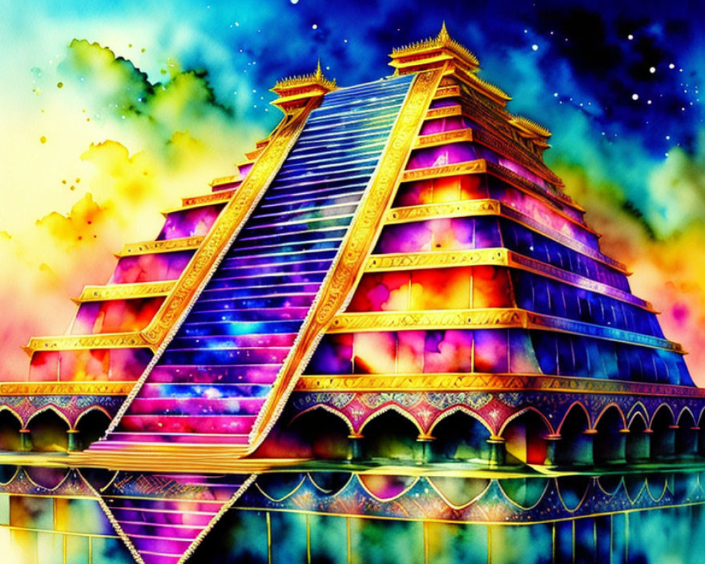 Colorful illustration: Ancient pagoda in starry sky with rainbow clouds