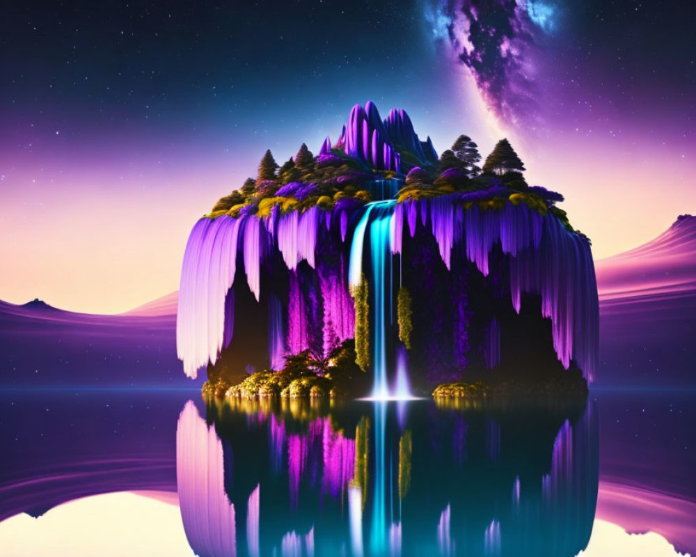 Scenic floating island with waterfalls and starlit sky reflections