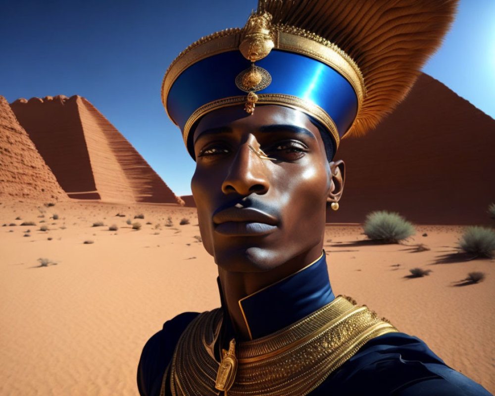 Male Figure in Ancient Egyptian Attire Against Desert Pyramid Backdrop