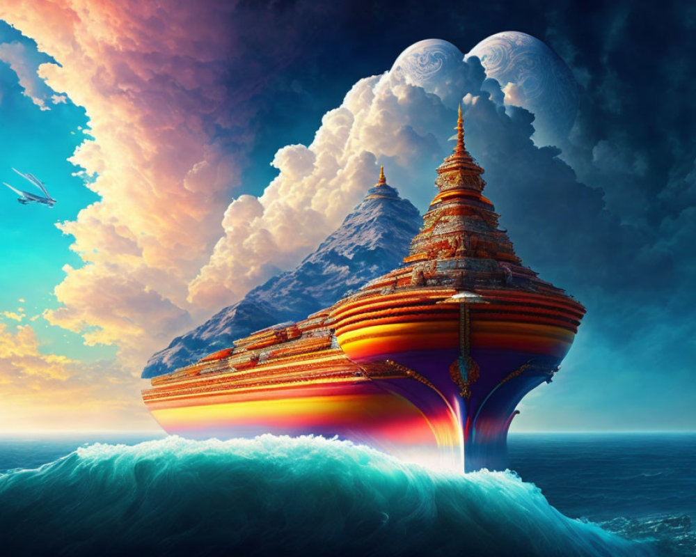 Spinning Top-Shaped Structure Floating on Ocean Waves in Colorful Sky