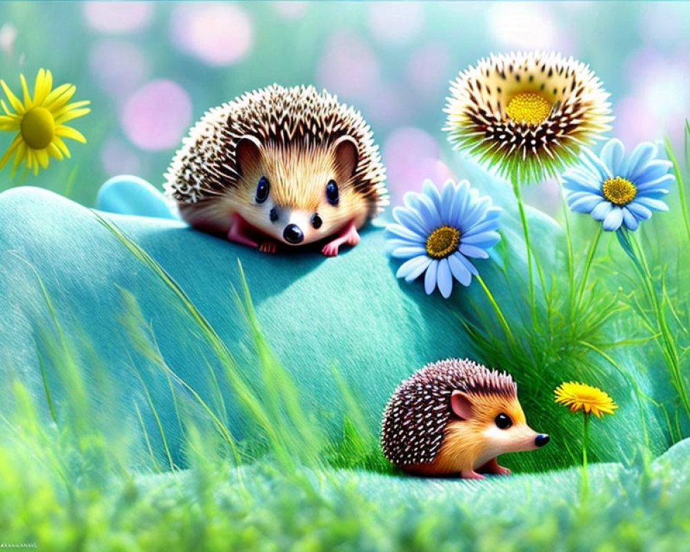 Vibrant meadow scene with animated hedgehogs
